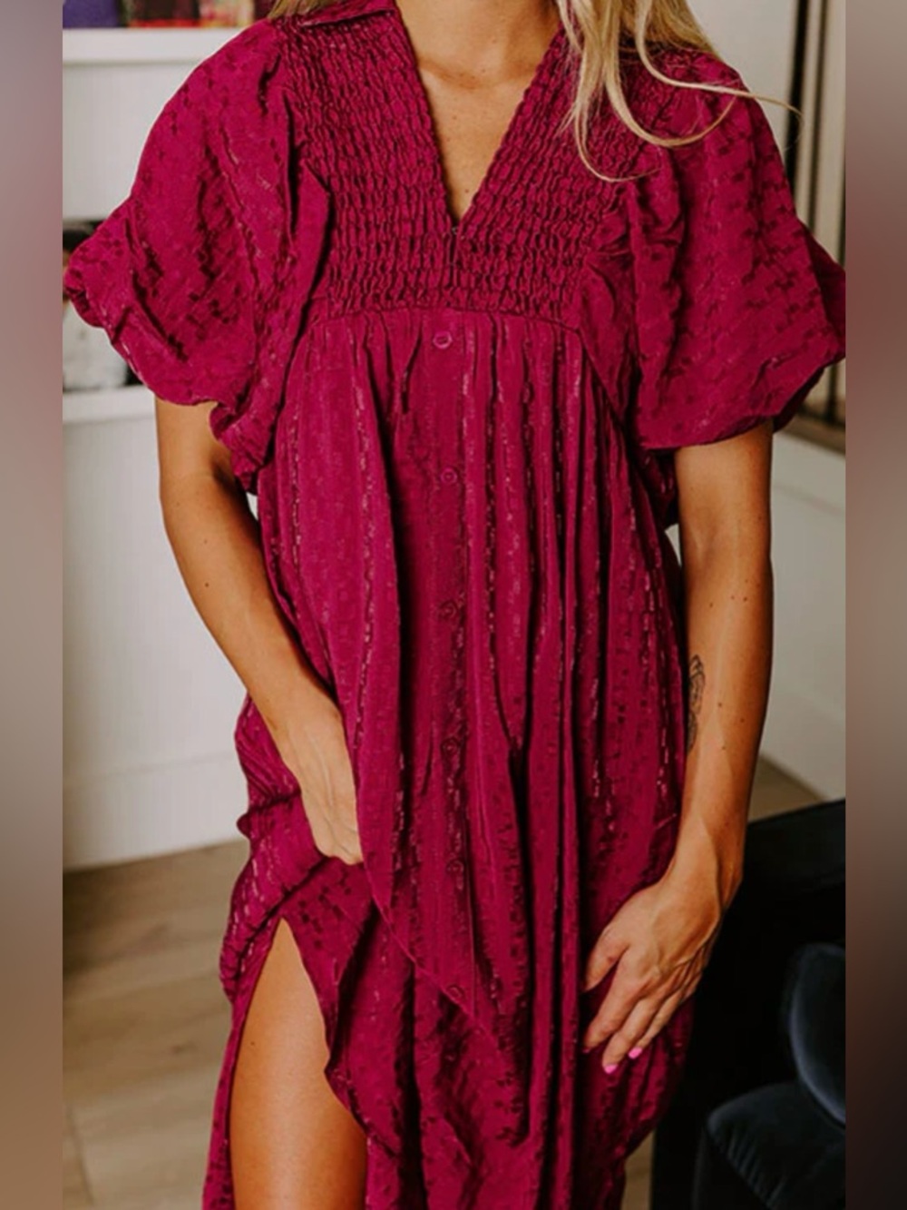 Entro puff sleeve high waisted smocked midi dress Small